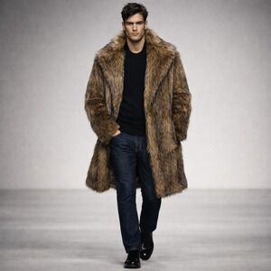 Luxury Brown Multi Color Longline Faux Fur Men's Winter Apres Ski Coat Sz S